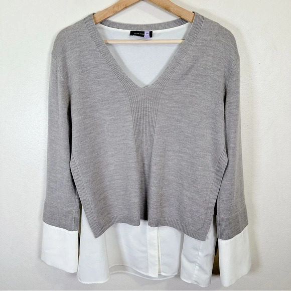 Club Monaco Mixed Media V Neck Sweater In Grey White Color - Picture 3 of 15